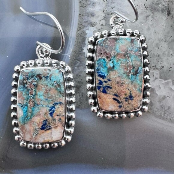 Sterling Southwestern Style Rectangle Shattuckite Dangle Earrings For Women - Picture 5 of 10